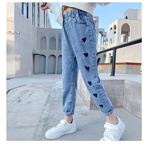 Girls Kids Fashion Embroidery Love Denim Pants Blue Jeans Stretchy Casual4