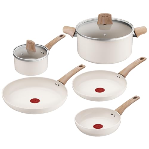 Tefal Cera Bright On - Juego de 3 sartenes de 20/24/28 cm, Cazo de 16cm, Olla de 24cm, Revestimiento cerámico antiadherente de aluminio, 100% reciclado, Thermo-Signal, Tecnología inducción avanzada