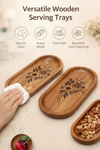 Image of Wooden Jewelry Tray, Oval Shape, L x B x H = 10 x 5 x 0.5 Inch Floral Design, Natural Wood Finish, Organizer for Rings, Necklaces, Earrings And Snacks Serving (Flower 4)