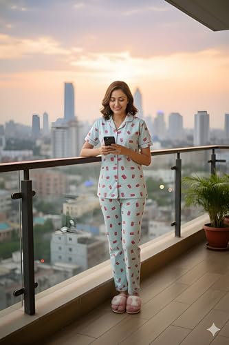 Image of Women Lycra Night Suit Set | Premium Soft Nightwear Pajama Set | Stylish Comfortable Sleepwear for Ladies | Elegant Lounge Wear Night Dress