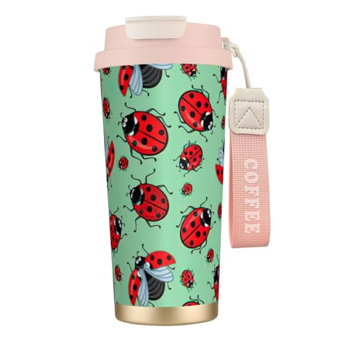 EdWal Taza de café de viaje de acero inoxidable con diseño de mariquitas rojas sobre un fondo azul, tazas de café con tapas, para bebidas frías y calientes