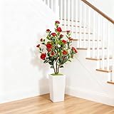 GarveeLife Árbol de Camelia Artificial con Maceta Blanca, 120 cm, Planta Artificial Grande en Maceta, con Hojas y Flores Ajustables, decoración para casa, Boda, Fiesta, jardín, decoración, Rojo