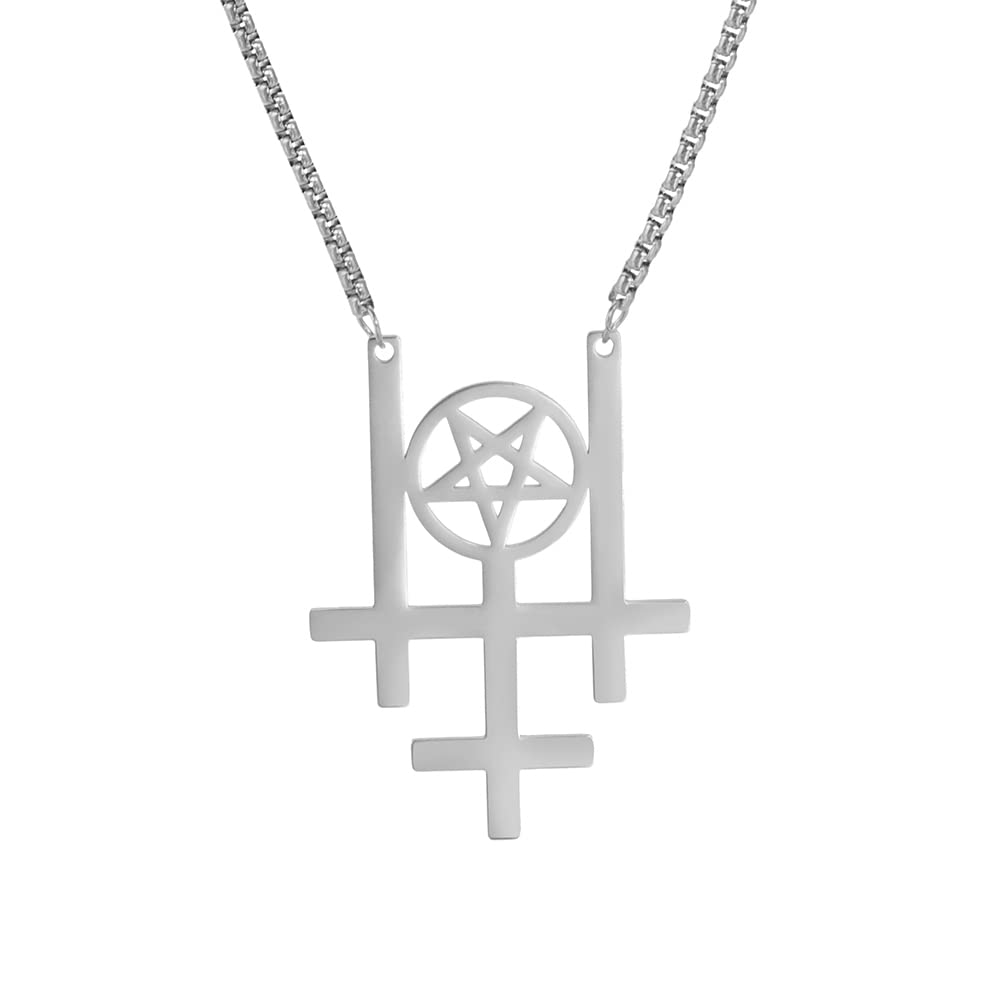 Collana Uomo Con Ciondolo Croce Invertita E Pentagramma In Acciaio Inossidabile - Gioiello Wiccan E Pagano - 4