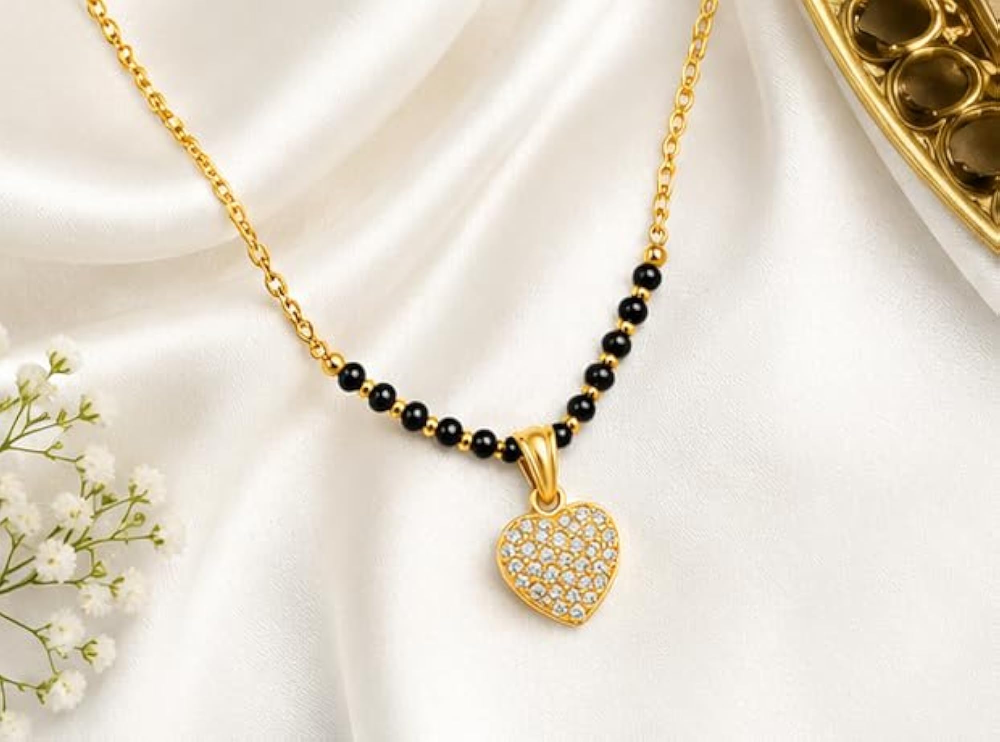 Gold Plated Heart Pendant Mangalsutra with Black Beads