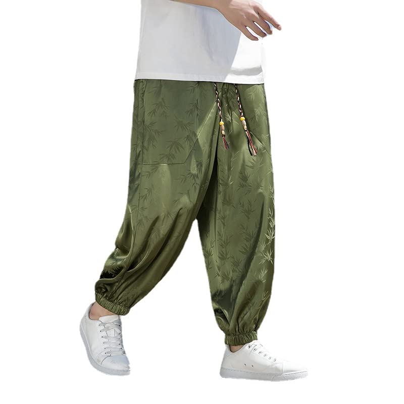 Summer Men's Ice Silk Harem Pants,Vintage Tang Dynasty Loose Trousers with Leaf Print4