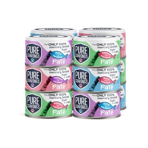 Pure Cravings Pate, Canned Wet Cat Food, 100% Mercury-Tested, Moist Can Fish, Grain-Free Protein, Non-GMO, Variety Pack of 12-3X Tuna/Salmon, 3X Tuna/Pumpkin, 3X Tuna/Sardine, 3X Salmon/Sardine Cover