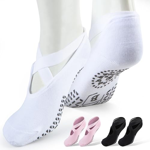 Pilates Grip Socks with Straps for Women - 3 Pairs of Non-Slip Grip Socks, in White, Black, and Pink for Yoga, Barre, Pilates, Dance, and Fitness Workouts - Thumbnail 2