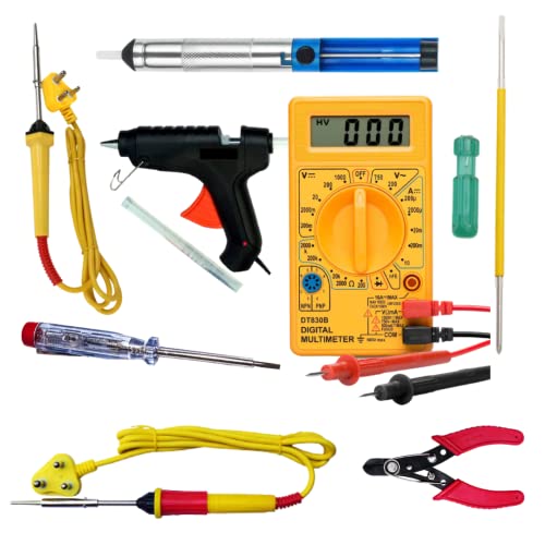Image of 8 IN 1 Solder Iron kit, Electric 25W Soldering Iron Kit Set for Beginners with Digital Multimeter, Wire cutter, 40W Glue Gun, Desoldering Pump, Tester, Screwdriver (8 In 1 Combo)