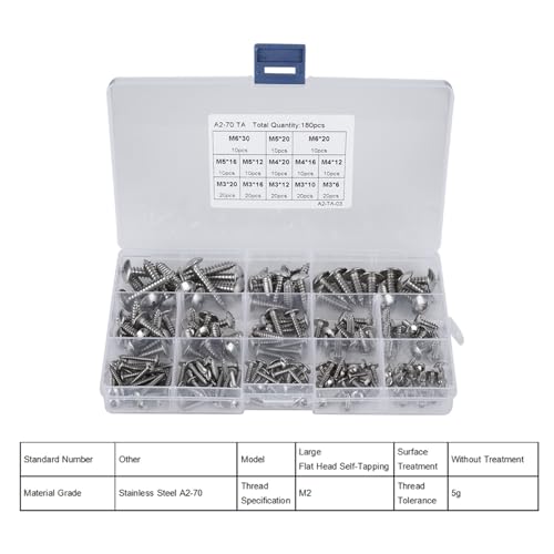 Kit de 180 tornillos autorroscantes de acero inoxidable miniatura 6