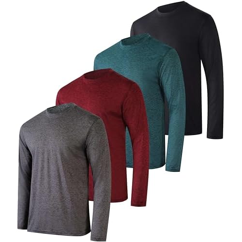Real Essentials 4 Pack: Mens Long Sleeve Dry Fit T Shirts Hiking Fishing Workout Gym Work Sun UPF 50 Wicking Running Tee