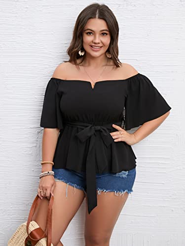 SCOMCHIC Women's Plus Size Off The Shoulder Peplum Blouse Top Half Bell Sleeve Tie Waist Ruffle Hem Babydoll Tops4