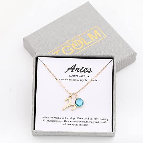 Tgolm 14K Gold Plated Aries Sign March Birthstone Aquamarine Crystal Necklace For Women Girls' Birthday Gift #TOP4