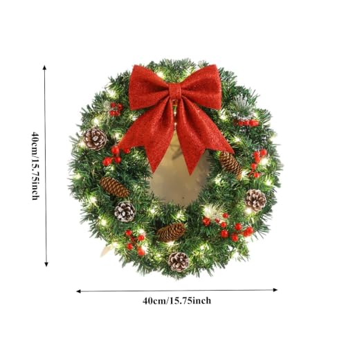 15.7" Christmas Wreaths for Front Door with Lights & Red Bow Flowers | Artificial Wreath Christmas Door Decorations with Pine Cones, Ceder & Berries for Mantel Holiday, Outdoor, Indoor — view 2
