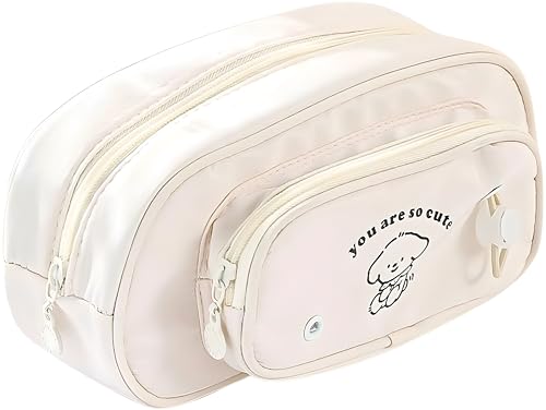 Image of Large Capacity Cute Pencil Case - Multi-Layer Stationery Organizer with Handle, Mesh Pockets & Pen Slots - Portable Storage Pouch for School, Office & Art Supplies (Beige Puppy)