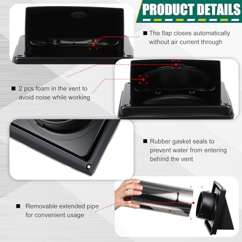 Image of Gisafai 4 inch Dryer Vent Cover Outside with Stainless Steel Guard Wall Dryer Exhaust Cap and Removable Extended Pipe Vent Shroud Hood Cushioned Non Return Flap with Sealing Gasket Grille(Black)