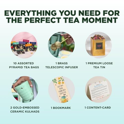 Image of CHAYAM Luxury Tea Gift Hamper | 10 Assorted Tea Bags, Kashmiri Kahwa, 2 Premium Kulhad Cups & Brass Infuser | Gift Pack for Family and Friends | Anniversary, Wedding, Birthday & Festive Gift Box