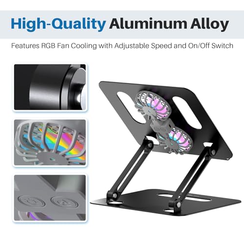 Image of YICOSUN Adjustable Laptop Cooling Stand with 2 Quiet Fans & RGB Lighting, Aluminum Alloy & Foldable Ergonomic Design for MacBook, Lenovo, ASUS, Dell 10-16 Inch, Perfect for Gaming, DJ, Office - Black