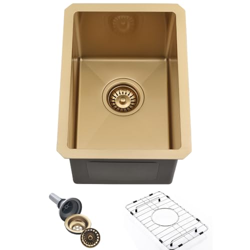 Image of Gold Bar Sink Undermount-Hovheir 12x16 Small Kitchen Sink Undermount Wet Bar Sinks 16 Gauge Brushed Gold Stainless Steel Outdoor Rv Sinks Deep Single Bowl Camper Basin with Bottom Grid