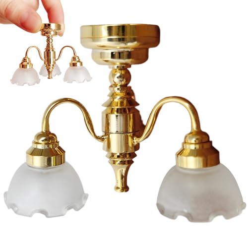 Chandelier miniature 1:12 d'exception en métal et verre pour maison de poupée
