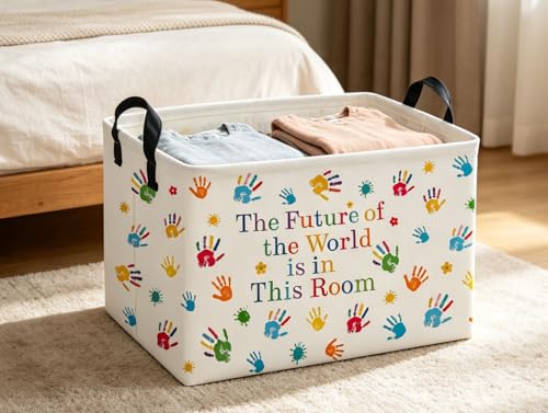 Image of Rectangle Kids Baskets Book Basket Cute Storage Bin Organizer Boys Box for Room Decor Gift Basket(Handprint)