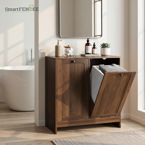 Image of Smart FENDEE Double Tilt Out Laundry Hamper Cabinet, 11.8 Gallon Hidden Trash Cabinets with 2 Baskets for Kitchen, Freestanding Small Bathroom Storage Cabinet Unit, Walnut