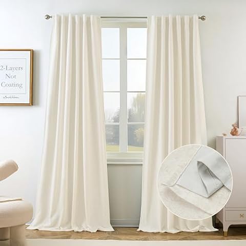 DriftAway 100% Blackout Natural Linen Curtains for Bedroom 84 Inches Long Double Layer Drape Farmhouse Thermal Insulated 3 Inch Rod Pocket Back Tab Full Light Blocking 2 Panels for Living Room Nursery Cover
