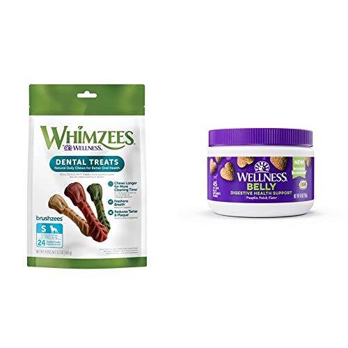 WHIMZEES by Wellness Brushzees Natural Dental Chews for Dogs, Small Breed, 24 count + Wellness Digestive Health Soft Chew Dog Supplements, Pumpkin Patch Flavored, 45 Count
