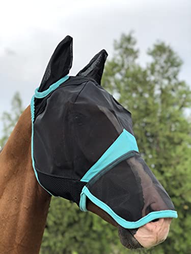TGW RIDING Horse Mask Full Face Mesh Mask Fine Mesh with Ears and Long Nose (Cob, Black/Turquoise) - Image 4