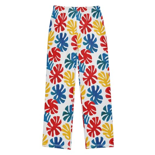 Monstera Leaf Cartoon Prints Cute Pajama Pants, Soft Sleepwear Lounge Pants Pajama Pj Bottoms for 6-14 Years
