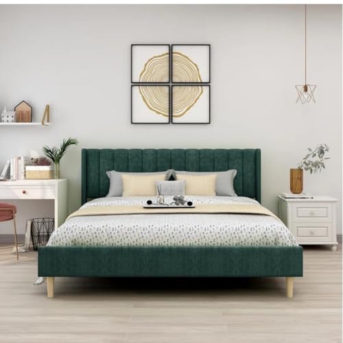 Image of Low Profile Upholstered Platform Bed with Winback Headboard | Bed Queen Size | Bed for Bedroom, Living Room | Bed Without Storage | Mattress not Included | Fabric Color:- Green