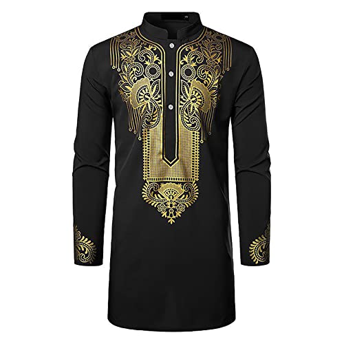 Kurta for Men Muslim Kaftan Button Up Henley Shirts Casual Ethnic Printed Long Sleeve Thobe Caftans Robes2