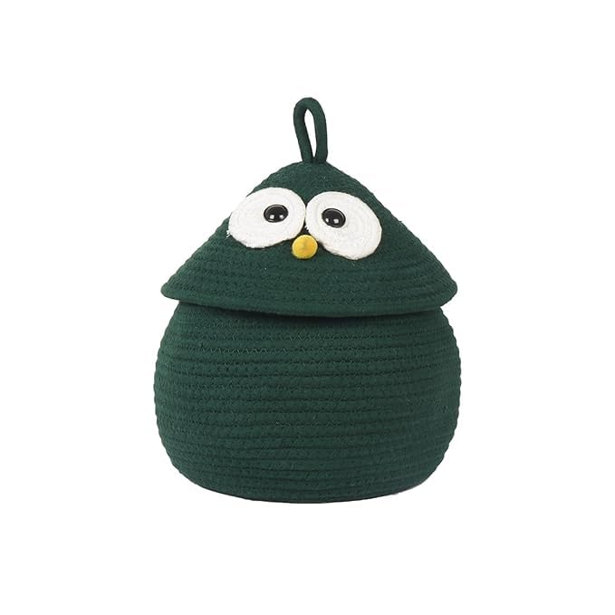 Green Owl Cotton Rope Storage Basket with Lid, Handmade Multipurpose Organizer Bin, 8x6 Inch, for Toys, Desk, Nursery, Towels, Cosmetics