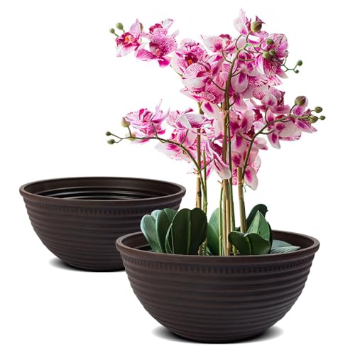 Image of RICH ATLAS 2 Pack 10 Inch Plant Pots,Durable Decorative Flower Pots Planters with Drainage Hole for Indoor and Outdoor Plants,Flowers,Succulents, Brown