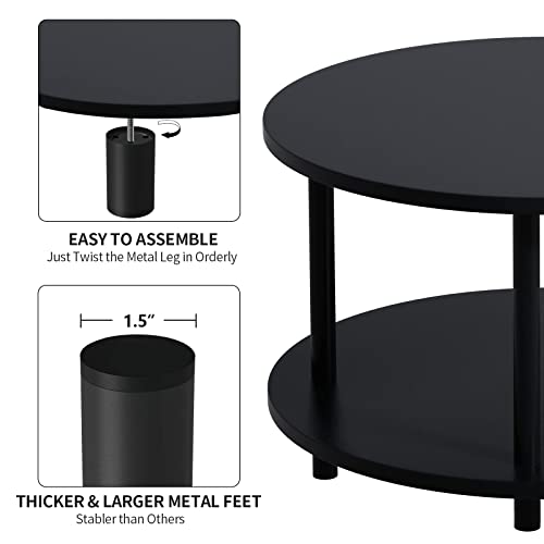 Vanrohe Small Round Coffee Table With Open Storage For Small Space, 23.5" Black 2-Tier Wooden Center Table For Living Room, Metal Legs, Easy To Assemble #TOP4