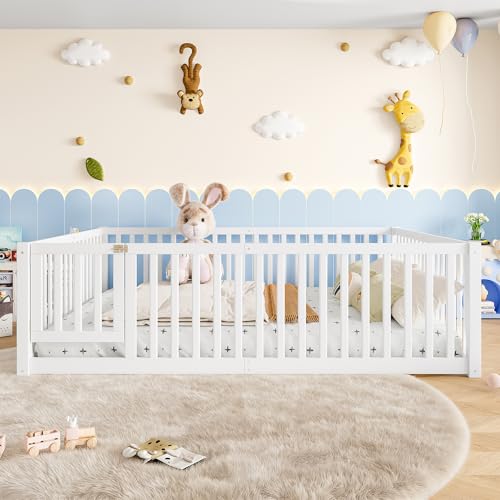 Image of Bellemave Queen Size Kids Montessori Floor Bed with Door,Solid Wood Floor Bed Frame with High Fence for Girls,Boys,White