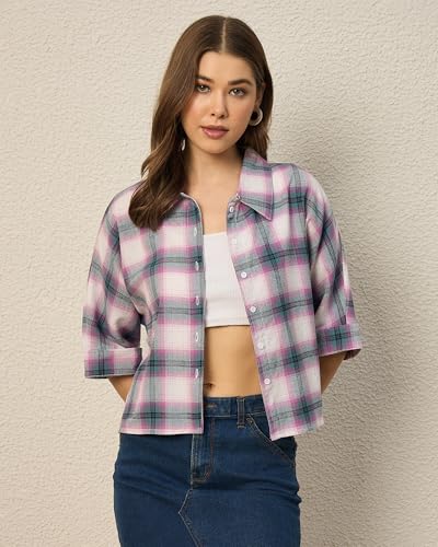 Image of Chimpaaanzee Women Checks Half Sleeve Crop Shirt