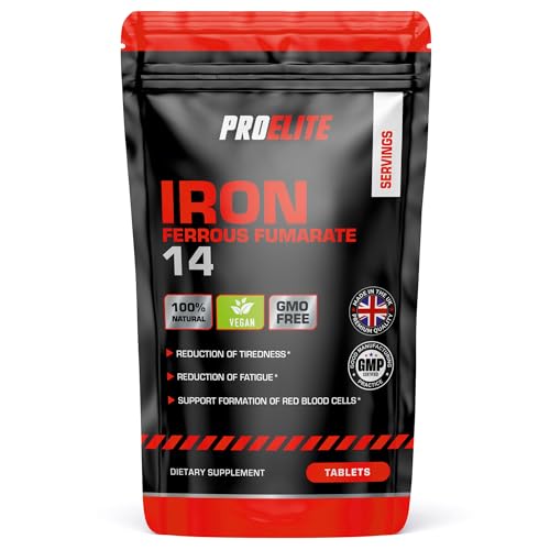 Iron Tablets High Strength 14mg - 365 Tablets - Vegan Energy Tablets for Tiredness and Fatigue - High Absorption Iron Supplements for Women and Men - Made in The UK by PROELITE