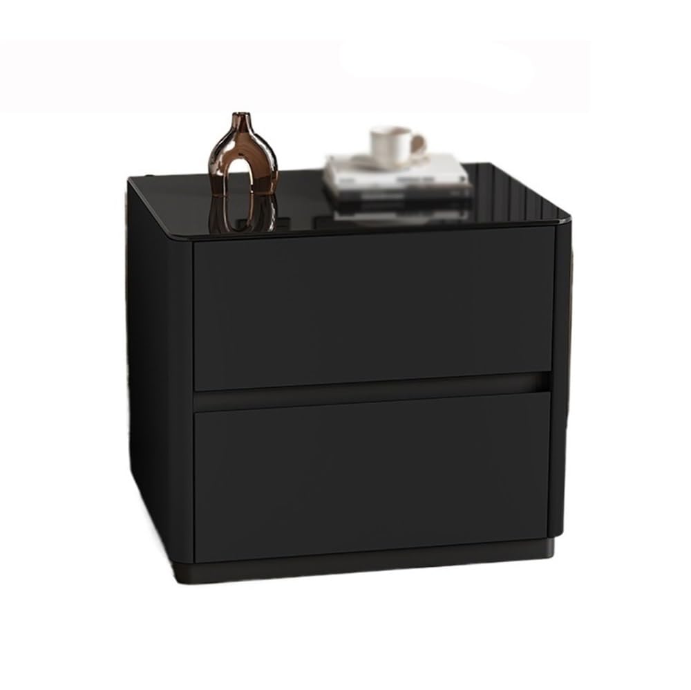 Table de chevet en bois avec rangement double tiroir meuble de nuit plateau verre noir