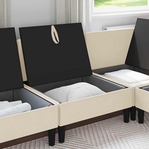 Salón pequeño ordenado gracias al sofá central con espacio de almacenamiento de terciopelo crema 4