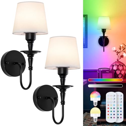 Image of EIDISUNY Vintage Wall Sconces Set of 2, Wireless Wall Lamp with RGB Rechargeable Dimmable Bulbs, Black Battery Operated Wall Sconce with Remote for Bedroom, Living Room, Hallway Bulbs Included