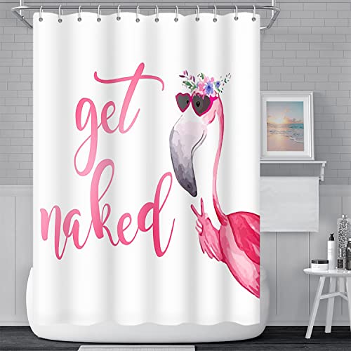 Umpoo Get Naked Duschvorhang für Badezimmer, lustiger Flamingo, rosa, tropische Tiere, Duschvorhang, wasserdicht, Polyestergewebe, moderne Wohnkultur, Badvorhang mit Haken, 152 x 183 cm