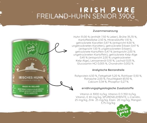 Irish Pure Freiland-Huhn Senior – 12kg + 6x390g - getreidefreies Trockenfutter & Nassfutter für ältere Hunde – mit Kelp-Alge – 100 % natürlich & artgerecht - optimal ausgewogene Ernährung - Sparpaket