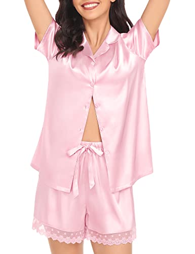Swomog Brides Pajamas Sets Satin Pajamas Womens Short Sleeve Sleepwear Soft Silky 2 Piece Loungewear Pjs Short Pajama Set Pink #TOP3
