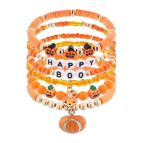 Taouzi Halloween Party Favors Halloween Bracelets Halloween Gifts for Women Handmade Pumpkin Spider Ghost Stackable Bracelets Heishi Beaded Stretch Bracelets Halloween Party Supplies Style 5 Cover
