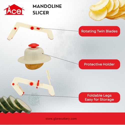 Image of Ace Adjustable Mandoline Slicer - AISI 420J2 Stainless Steel Twin Blades (54-55 HRC), Multipurpose Vegetable Slicer with Julienne, Waffle & Ridged Cuts, Durable ABS Body & Safety Holder