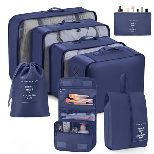 Image of Porslin 8-Set Packing Cubes for Travel Organiser Bags and Packing Bags for Travelling, Luggage Organiser Set with Mesh Travel Clothes Organizer Bag, Shoe Bag, Toiletry Pouch & Laundry Bag
