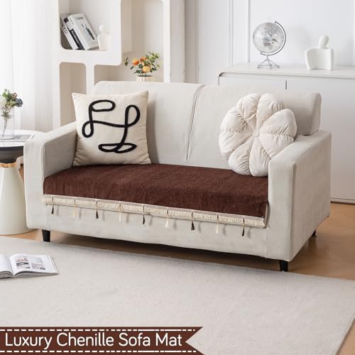 Image of HOKIPO 'Serenity Tassel' Chenille 2 Seater Sofa Cover with Tassel - Chestnut Luke (IN-891-BR)
