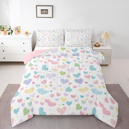 Image of Erosebridal Cute Heart Queen Comforter Set Valentine Love Heart Bedding Set for Kids Teens Rainbow Hand Drawn Style Comforter Cartoon Geometric Duvet Insert