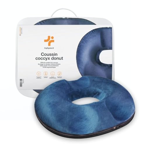 Inphysio® Cojín Donut, Cojín de Asiento Ergonómico, Cojín Cóccix, Cojín de Asiento Ortopédico, Cojín de Espuma con Memoria, Cojín para Las Nalgas, Cojín Hemorroidal, Cojín para Coche, 45 x 37 x 9 cm