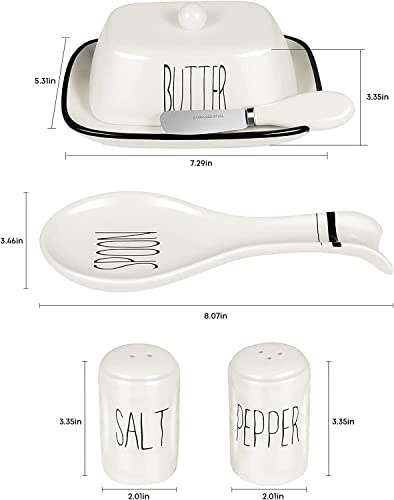 Ceramic Butter Dish With Lid Butter Knife, Spoon Rest, Salt And Pepper Shakers 5 In 1 Set, Gifts For Cooking Lovers, Food Safe, Ceramic, Snack Time, Rust-Free, White #TOP7